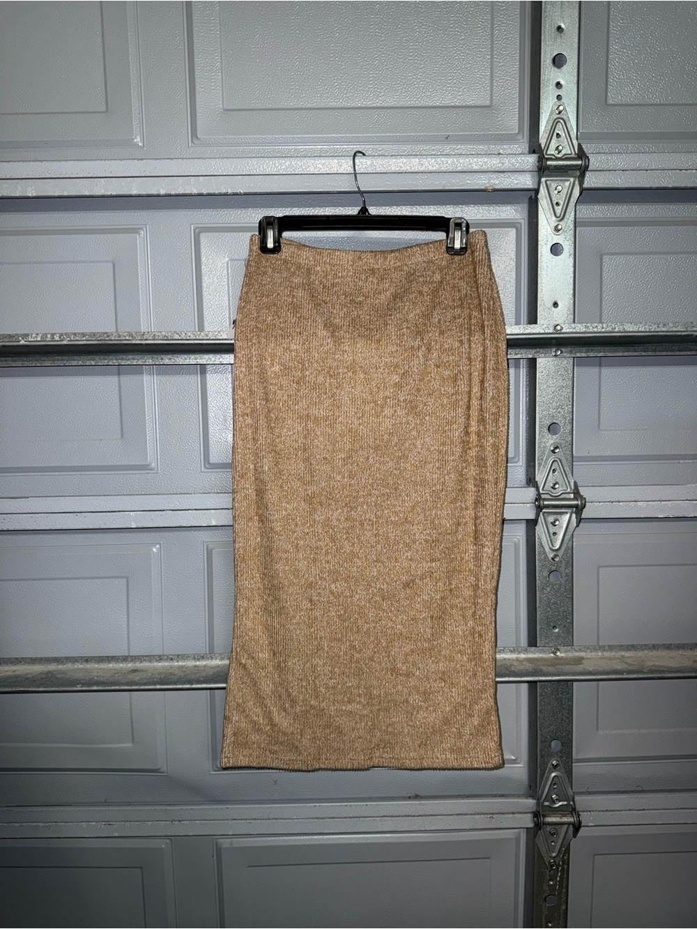 Ribbed Midi Pencil Skirt with Side Slit - Tan - Picture 5 of 7
